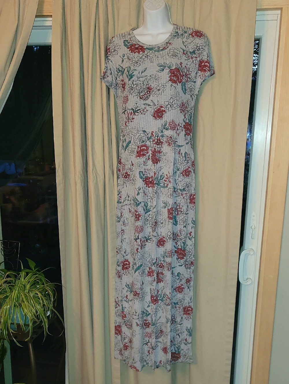 LuLaRoe Floral Maxi Dress — Red and Teal on Light Gray